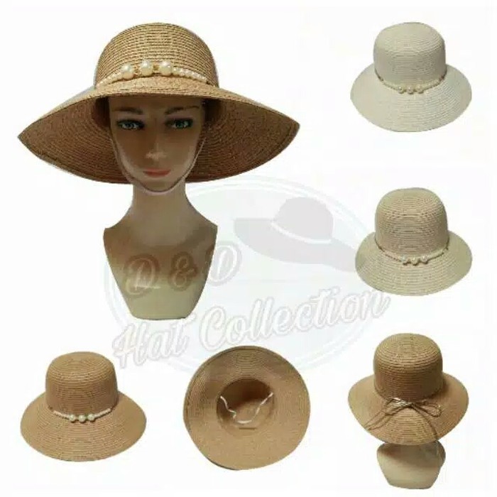 Topi Pantai Bucket Import Tali Gold Mutiara Topi Fashion Wanita