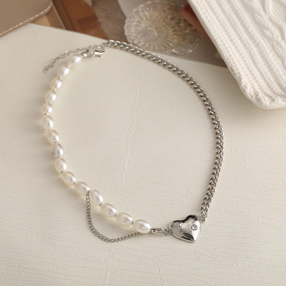 IFYOU Fashion Pearl Silver Necklace Crystal Heart Pendant Necklace Chain Choker Women Jewelry Accessories