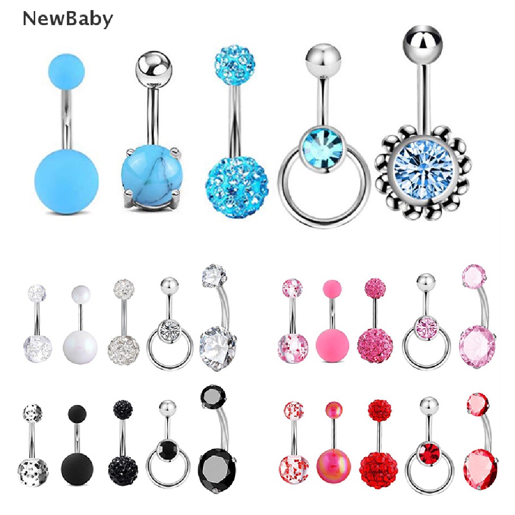 5pcs Cincin Tindik Perut / Pusar Model Barbell Hias Kristal Berkilau Untuk Wanita