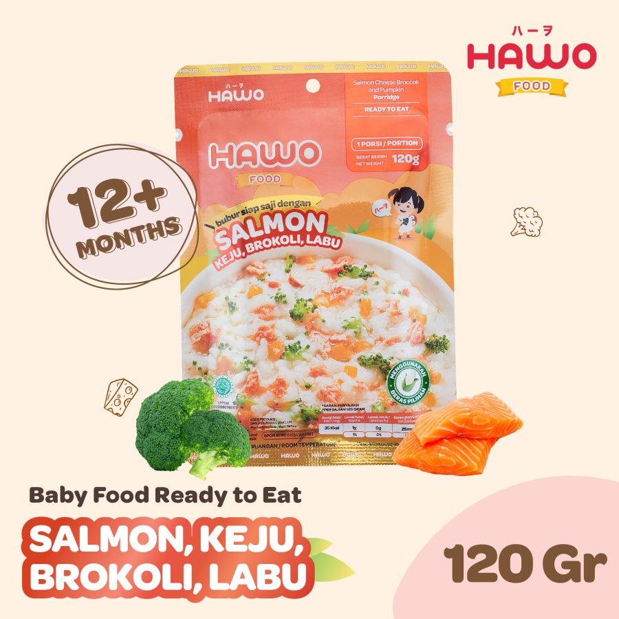 HAWOFOOD BUBUR SIAP SAJI DENGAN SALMON, KEJU, BROKOLI, LABU / 120GR