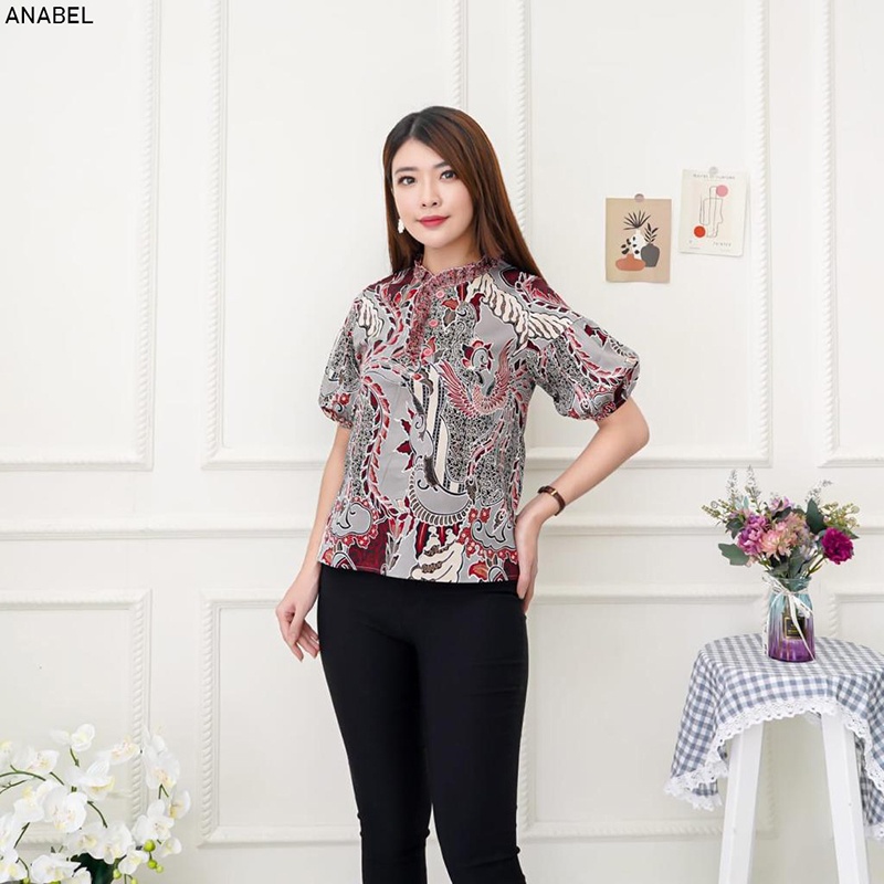 Evercloth Anabel Atasan Batik Wanita Blouse Batik Perempuan Model Lengan Puff Baju Batik Cewek Katun Stretch Premium Batik Couple Family Set Sarimbit Abu Grey Silver