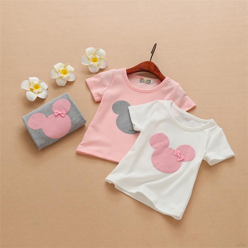 Kaos T-Shirt O-Neck Lengan Pendek Motif Minnie/Mickey Mouse untuk Anak