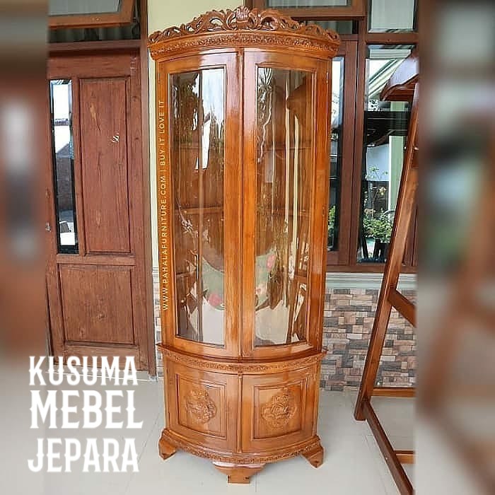 Lemari Bufet Sudut Ukir Kayu Jati (Panjang 60cm, Tinggi 200cm)