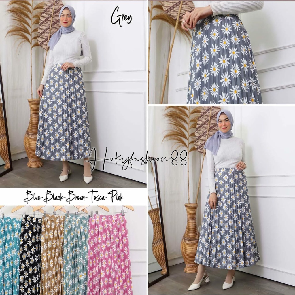 ROK PLISKET MOTIF BUNGA ASTER // ROK MOTIF BUNGA MATAHARI // ROK PLISKET BUNGA ASTER BAHAN  HYGET PREMIUM