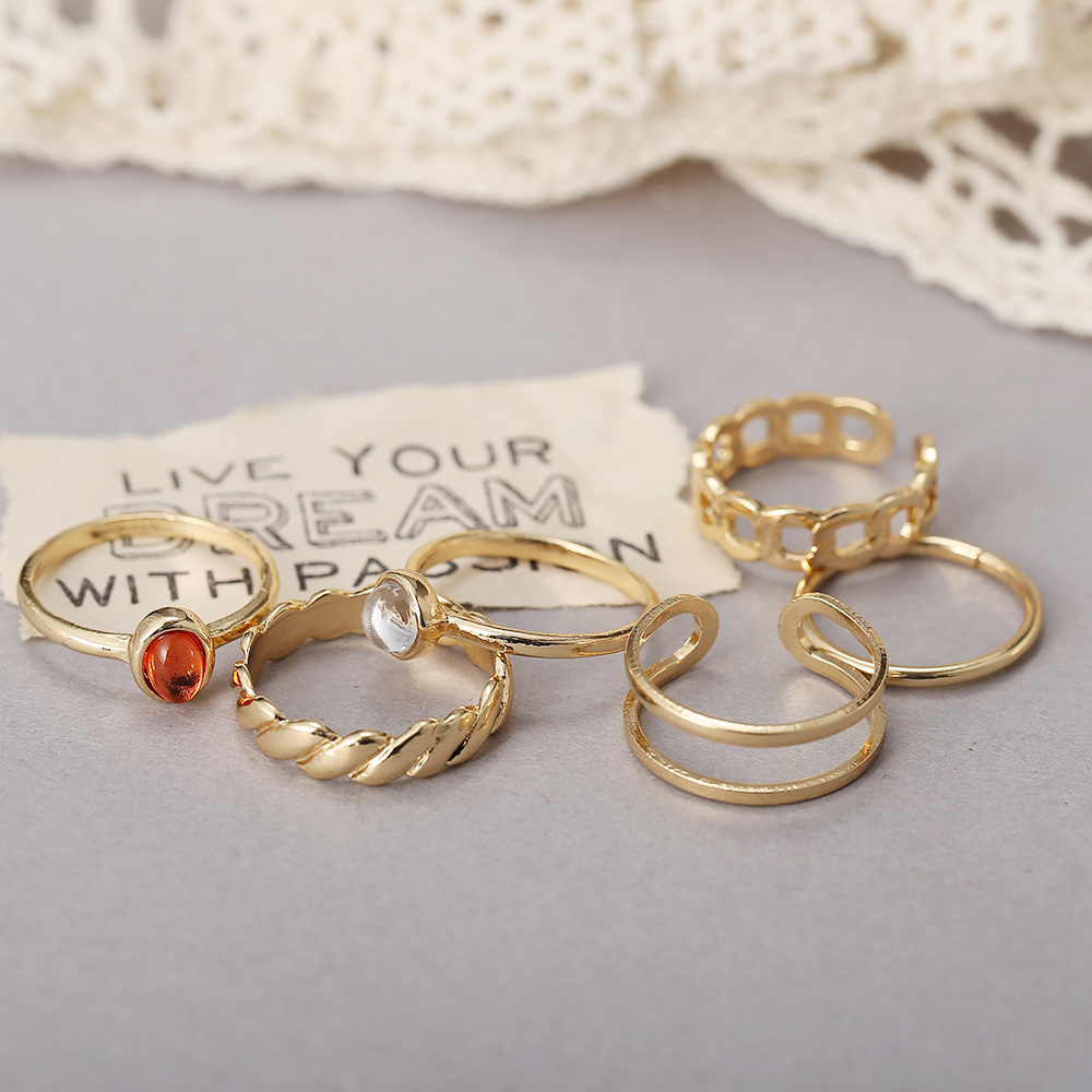 6pcs / Set Cincin Emas Adjustable Hias Batu Akik Gaya Retro