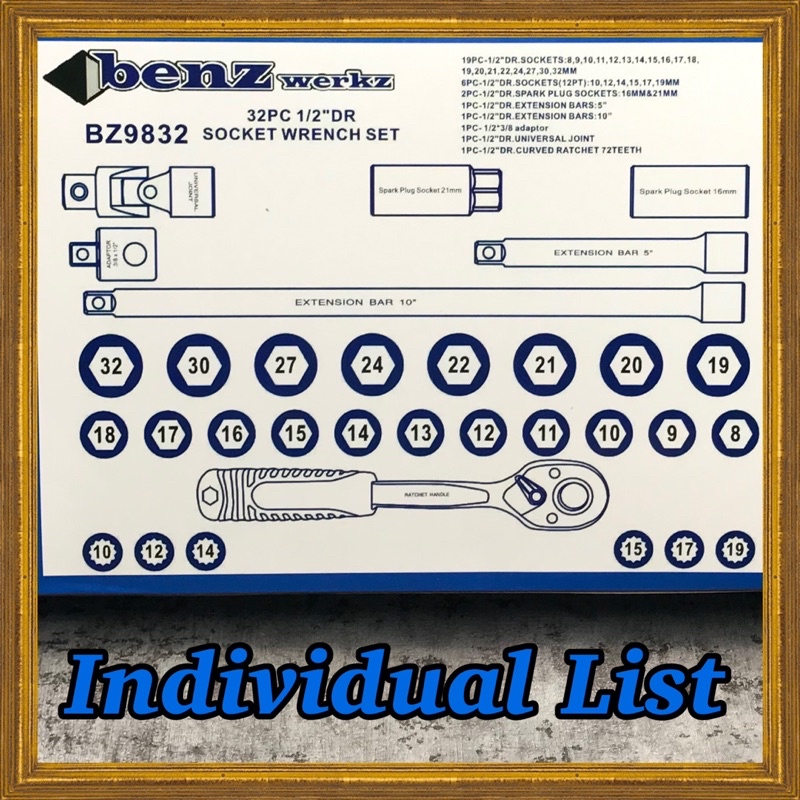 Kunci Shock Set 32 Pcs 1/2&quot; 6PT 12PT Benz Sok Set Socket Wrench Set 1/2 Inch 6 PT 12 PT