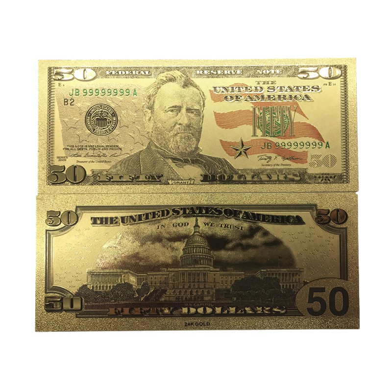 America Gold Banknote 50 USD Gold Foil Money Uang