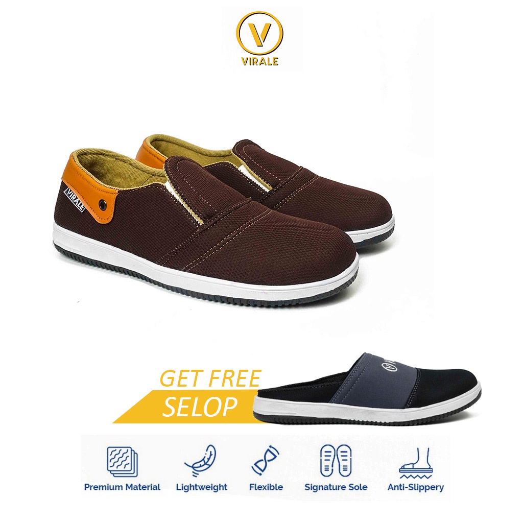 Sepatu Pria Slip On Kasual Bahan Canvas CS 01 COKELAT GRATIS Sepatu Selop