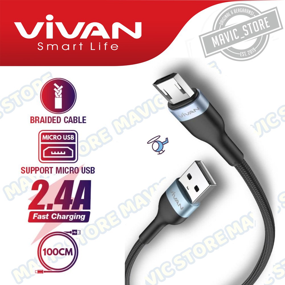 Kabel Data VIVAN VXM100 Micro USB Android 1M Fast Charging 2.4A - Garansi Resmi 1 Tahun