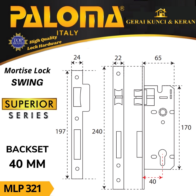 BODY KUNCI PINTU PALOMA SWING MLP 321  40 MM GOLD PVD EMAS MORTISE LOCK SWING SUPERIOR