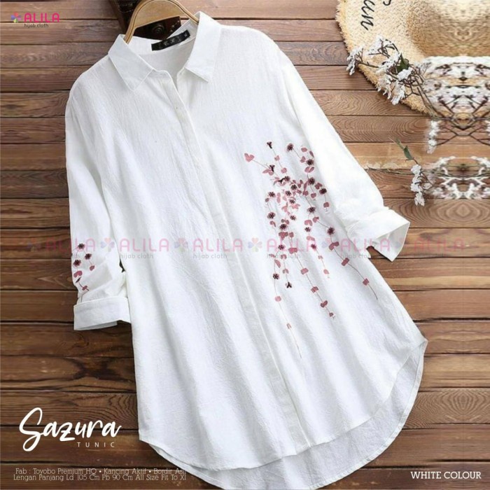 Tunik Putih Sazura Real Pic Original Cotton Toyobo Lengan Panjang - white, XL