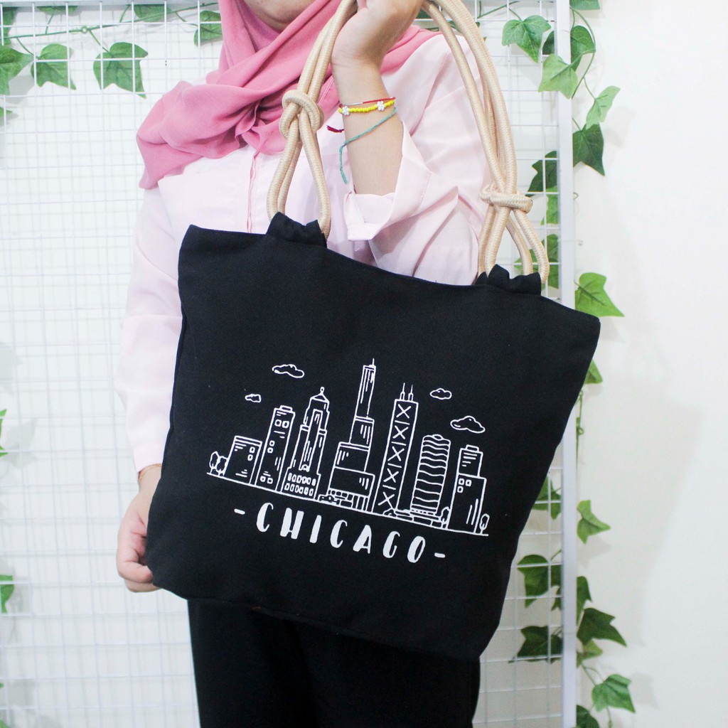 Totebag Wanita Kanvas Resleting Tali Sumbu Furing Motif Etnik