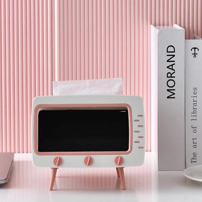 Update Kotak Tisu 2 in 1 / Retro TV Tissue Box + Phone Holder - Pink