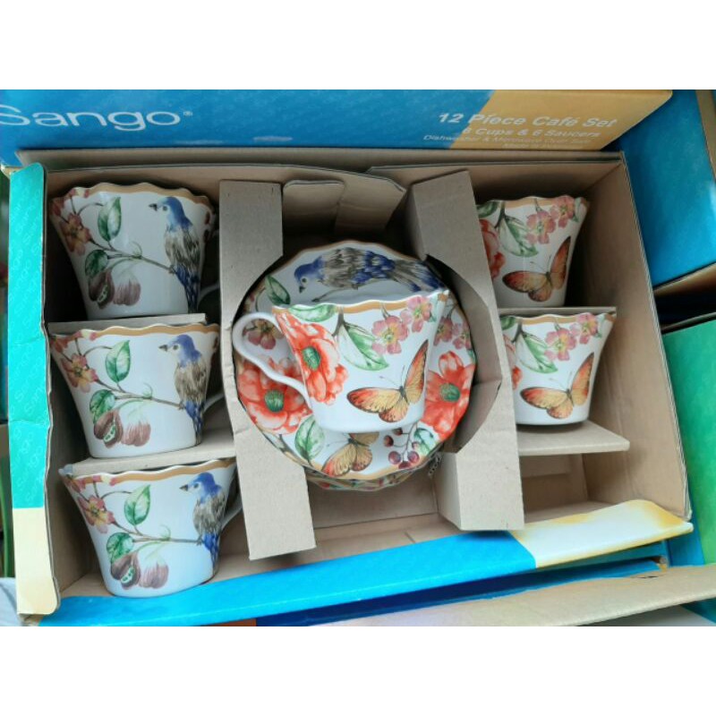 TEA SET // CANGKIR KERAMIK SANGO HIAS CANTIK MOTIF FLOWER BUNGA BURUNG VINTAGE SHABBY BIRDY