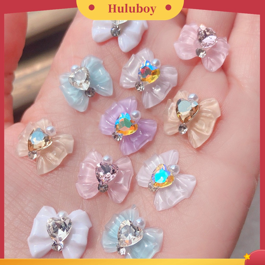 Huluboy Huluboy♡ 10pcs Charms Berlian Imitasi Bentuk Hati Pita Untuk Dekorasi Nail Art