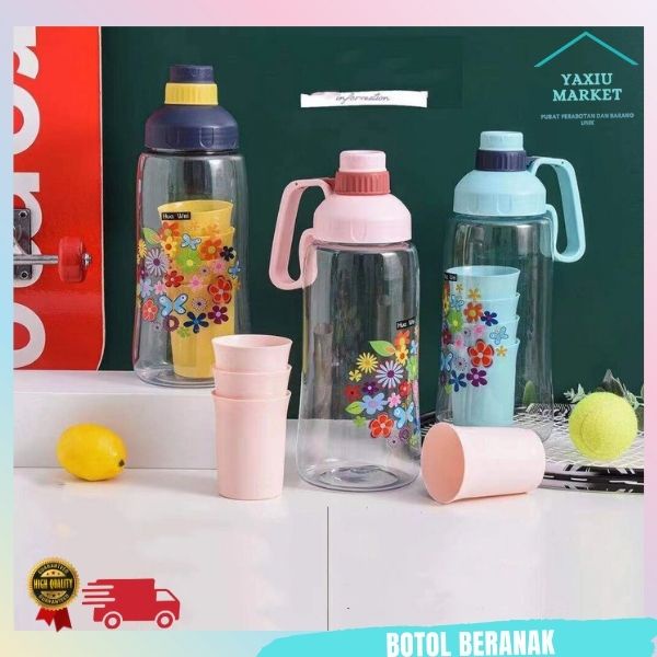 Teko Pitcher Set 4in1 Gelas/Mug Plastik Transparan dengan Motif Teko Beranak free gelas botol berana