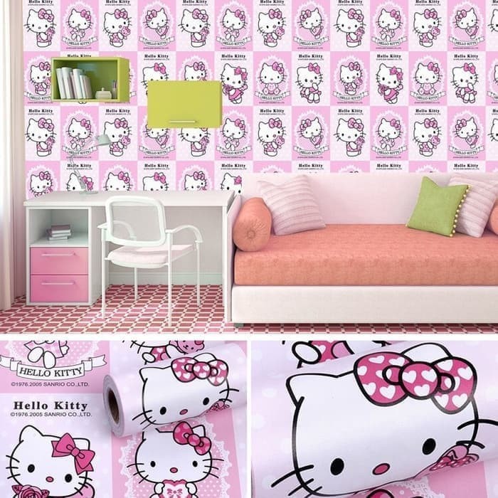 Wallpaper Sticker Dinding Motif Hello Kitty Kotak Kilap Panjang 10Meter x Lebar 45CM