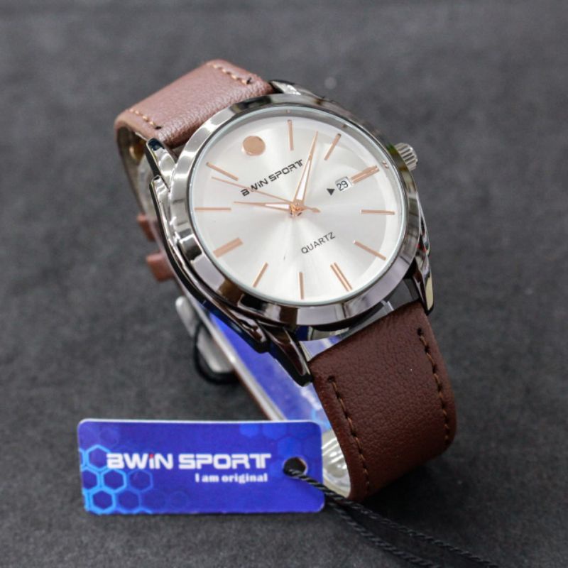 Jam Tangan Pria Bwin sport B633 strap kulit kaca cembung tanggal aktif bwin sport