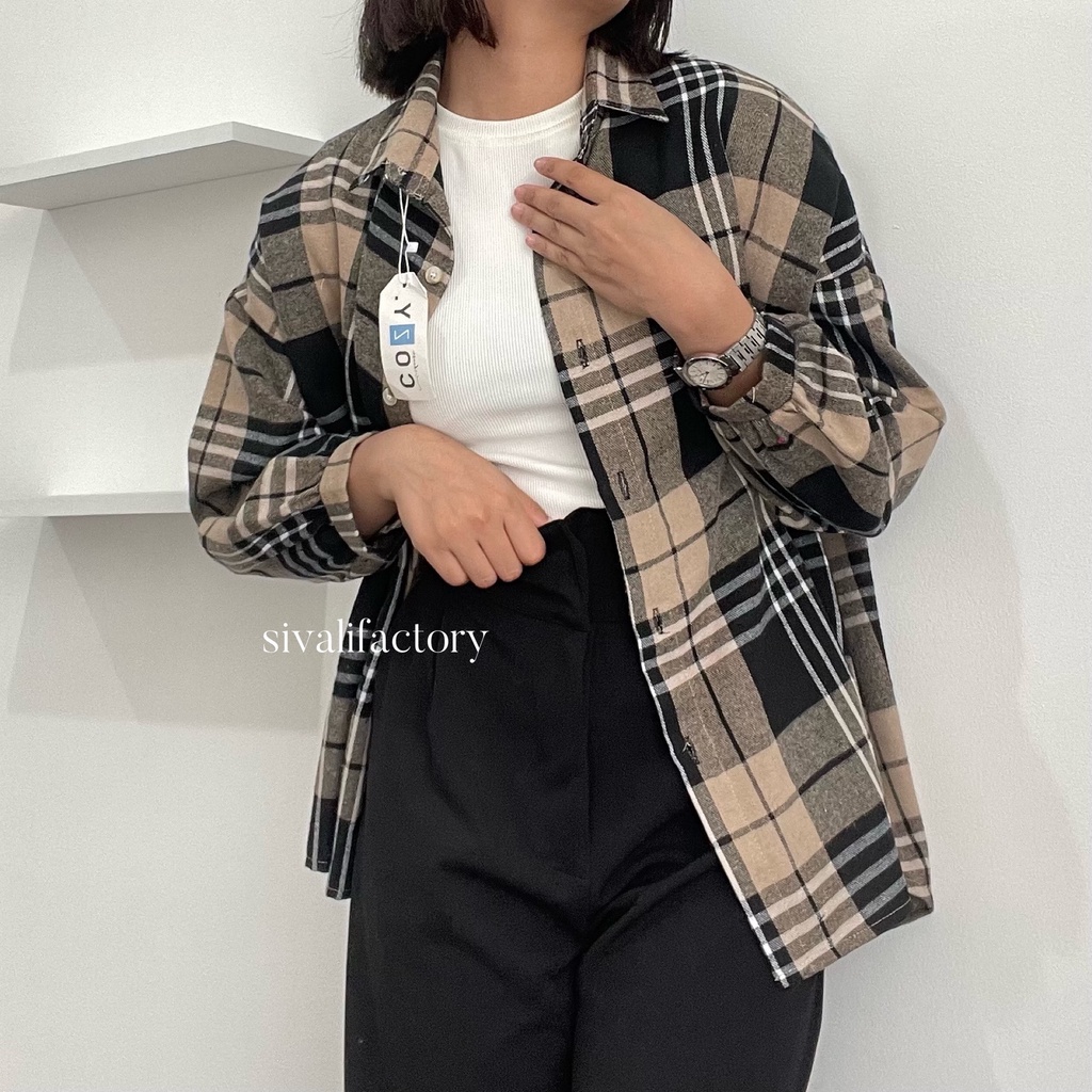 SIVALI Kemeja Flanel Blouse Kotak Tartan - Kotak Baju Korean Style Wanita Kemeja Wanita Casual