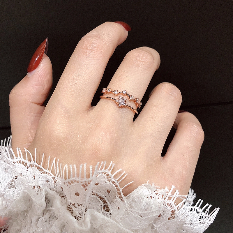 2021 Cincin Silver Multi Layer Adjustable Desain Bintang Hias Kristal Berkilau Untuk Wanita