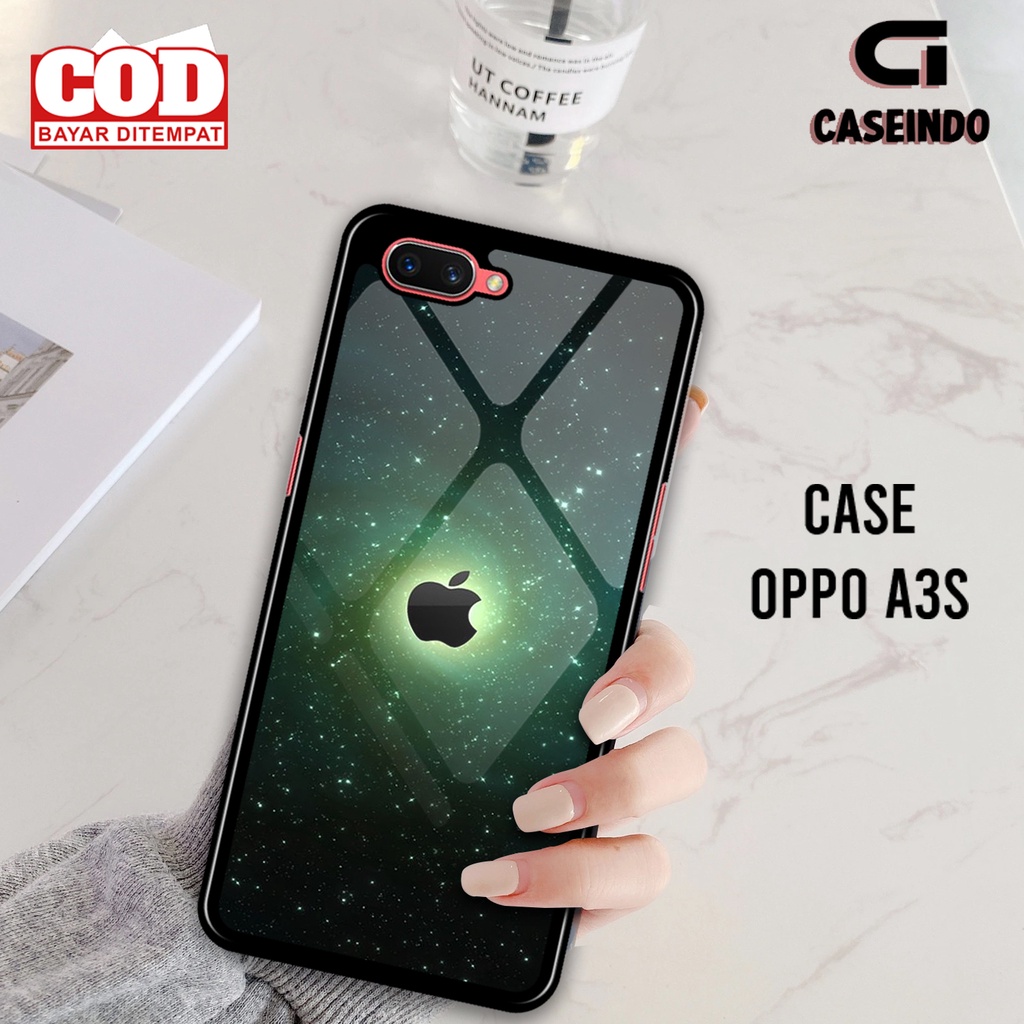 ATLANTIK Oppo A3s - Case Glass Kaca logo iphone - Soft Case Glass - Hard Case Glass - Softcase Murah