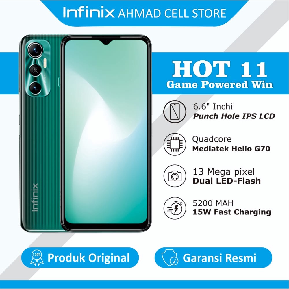 HP INFINIX HOT 11 RAM 4/64GB MEDIATEK HELIO G70 BATERY 5200MAH GARANSI RESMI 100%