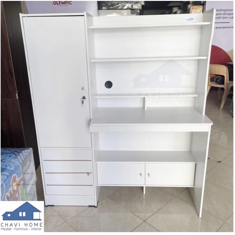 meja belajar anak full white termurah dengan lemari penyimpanan buku minimalis