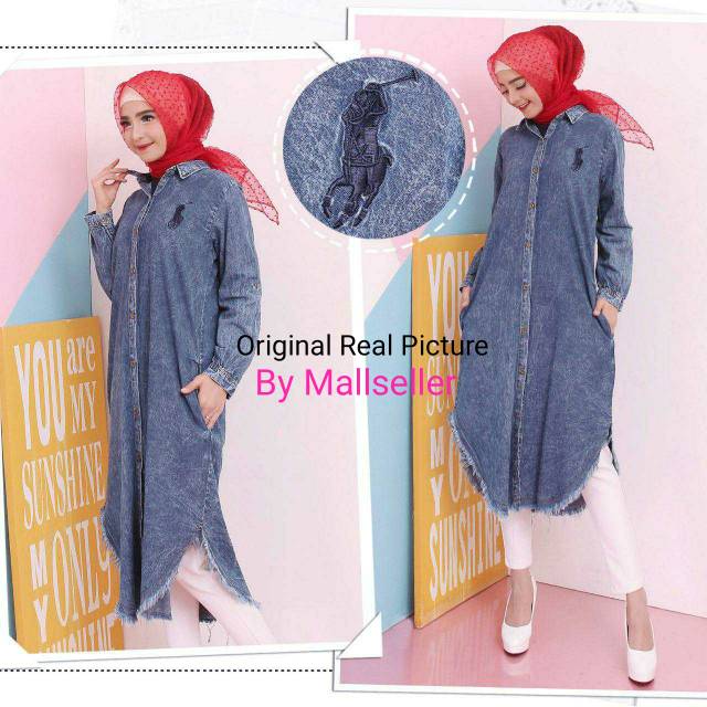 Mallseller Jeans Long Tunik Polo Denim Bordir