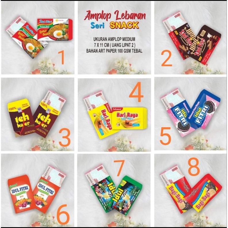 

Amplop Lebaran Idul Fitri Ukuran Medium 7x11cm Seri Snack 1pack isi 10, art paper 100gsm (tebal).