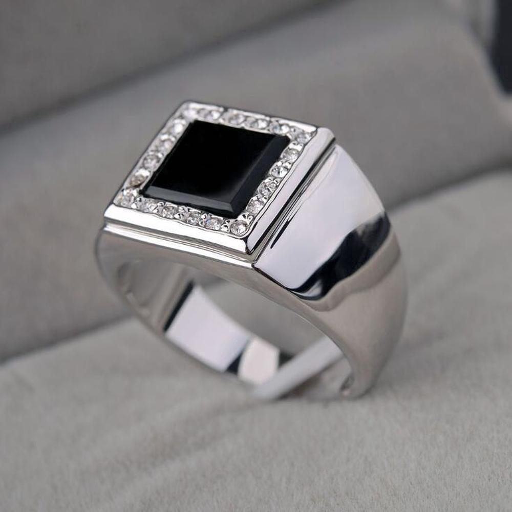 Cincin Kawin Baja Titanium Perak Berlian Kristal Hitam Pesona Fashion Perhiasan Pria Wanita Silver Rings