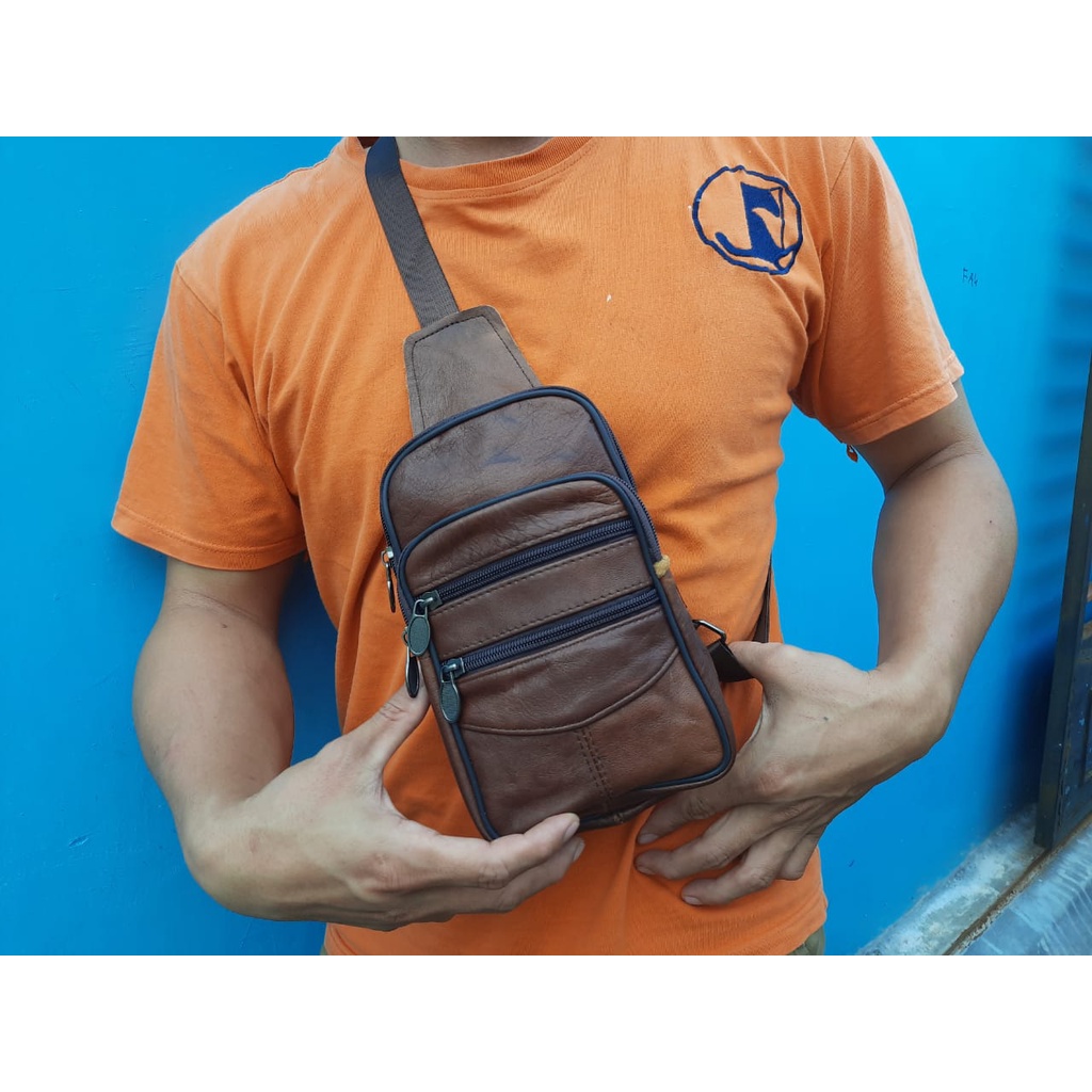 Tas Waist Bag Pria Kulit asli / Sling bag Kulit asli Pria Dewasa T38B7/ tas bahu pria dewasa kulit asli