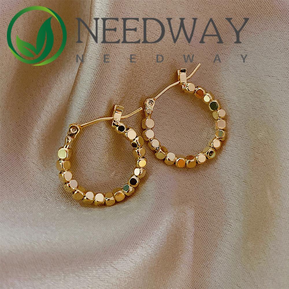 Needway  Parties Round Earring Women Fashion Jewelry Hoop Earrings Gold Color Hollow Out Korean Gifts Temperament Vintage Metal Ball/Multicolor