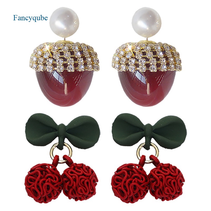 Fancyqube Anting Stud Kristal Mutiara Berlian Imitasi Model Pita Bunga Cherry Merah Untuk Wanita