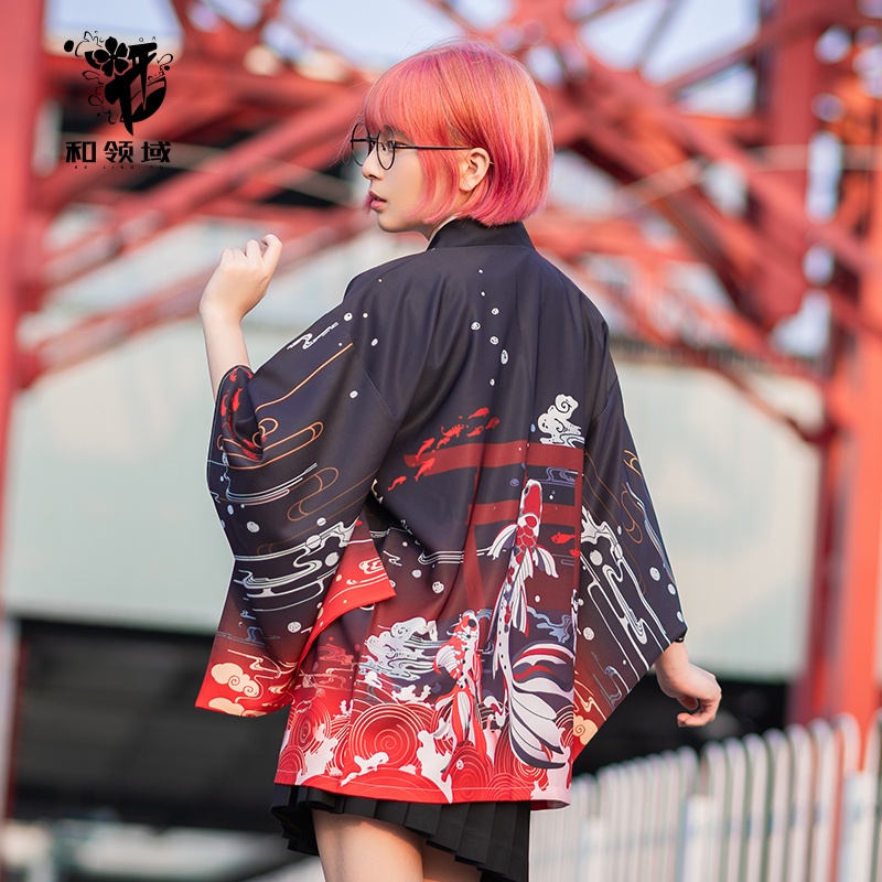 Street Cardigan Kimono Pria / Wanita Motif Kartun Anime Jepang Harajuku Kimono Longgar Warna Hitam