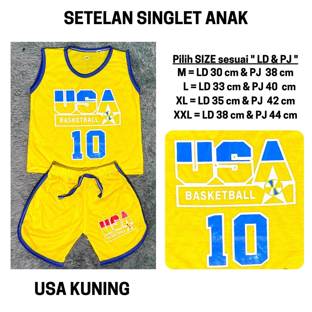 Setelan Anak Laki Laki Stelan Baju Kutung Lekbong Cowok Kaos Bola Basket Singlet Cowo Murah Celana Pendek Harian 3 4 5 6 Tahun Kode 14-14 USA KUNING