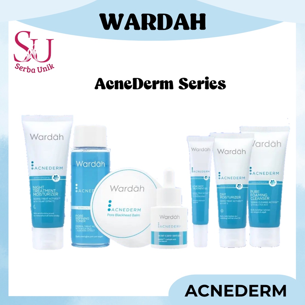 Wardah Acnederm Series | Acne Care Serum | Acne Spot Treatment Gel | Day Moisturizer | Face Powder | Pure Foaming Cleanser | Night Moisturizer | Pore Blackhead Balm | Refining Toner