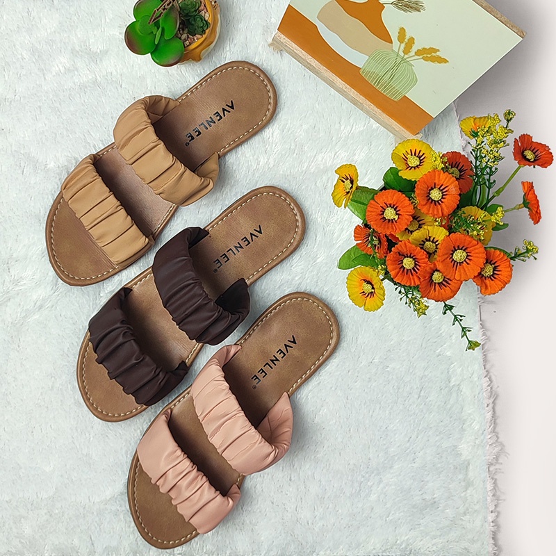 Sandal Wanita Sol Karet Cantik Flat Kulit Sintetis Motif Kerut Jenis Teplek