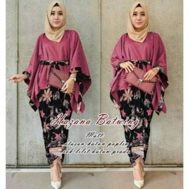 SETELAN KEBAYA MODERN HAZANA MARON PINK MUDA DAN KUNING ATSN KALONG + ROK BATIK LILIT + RING