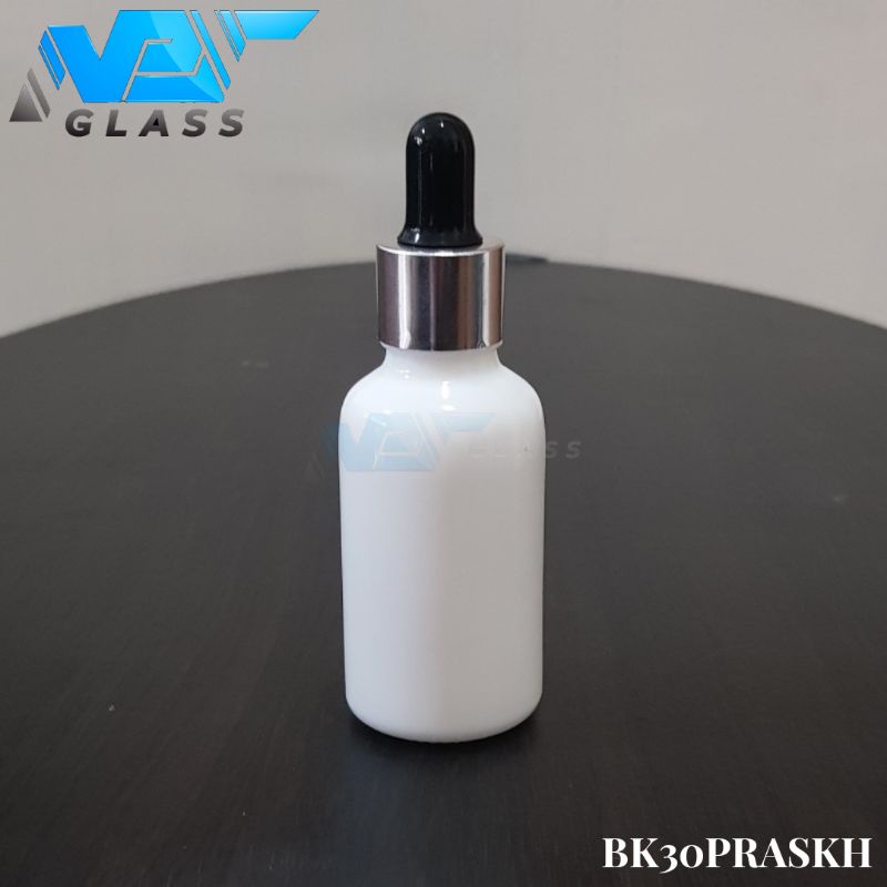 botol kaca pipet 30ml tebal putih susu - ring almunium silver