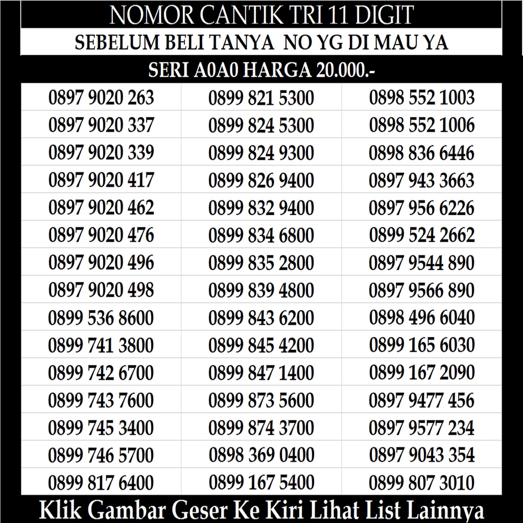 Nomor Cantik Tri 4G Aon Aktif 1 Tahun LTE Kartu Perdana Prabayar Nomer Murah three 11 Digit
