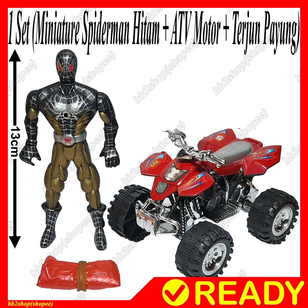 Set Miniature Spiderman Warna Hitam ATV Motor Terjun Payung Parasut Miniatur Figure Sepeda Roda 4 Em