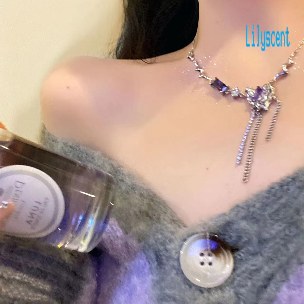 Lily Kalung Rantai Alloy Adjustable Hias Zirkon Ungu Untuk Wanita