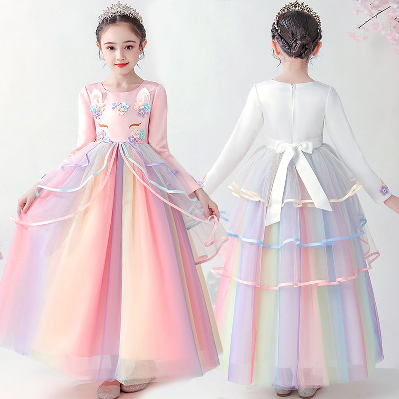 Anak -anak Gadis Unicorn Gaun Renda Busur Ball Bola Gown Putri Pesta Bithday Gaun Lengan Panjang Hadiah