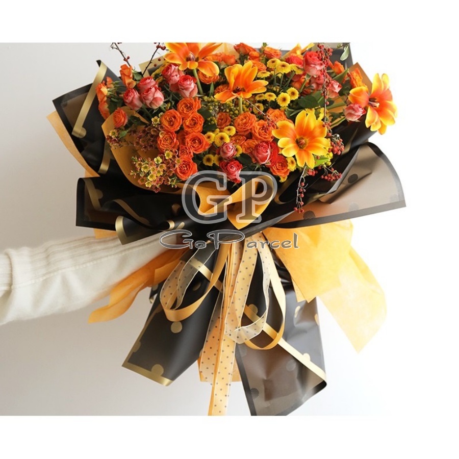 ( 5 Lembar ) FLOWER WRAPPING TRANSPARANT POLKADOT / ONDE LIS EMAS / KOREAN CELLOPHANE PLASTIC GOLD LIS / KERTAS KARANGAN BUNGA