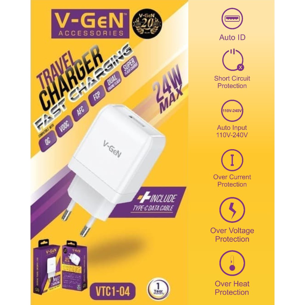 CHARGER V-GEN FAST CHARGING VTC1-04 TYPE C QUALCOMM 3.0