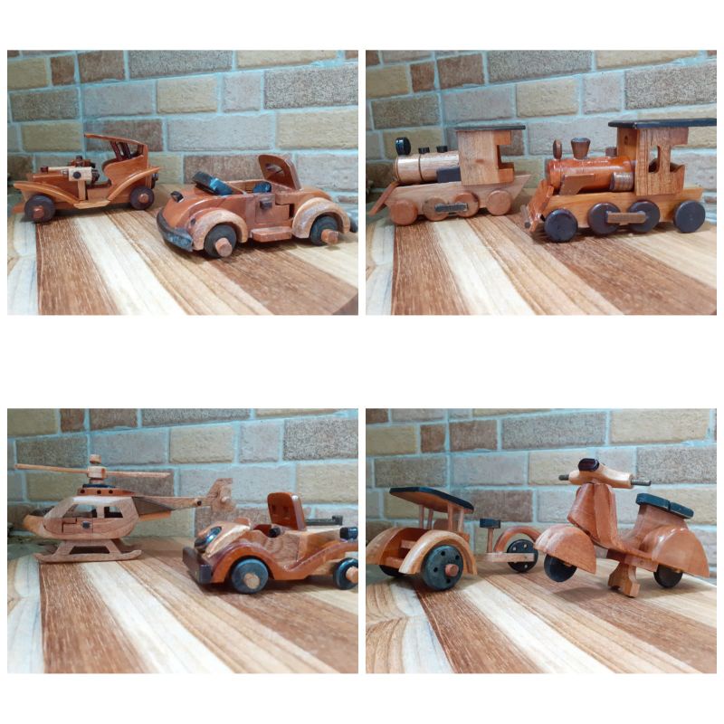 Mainan Kayu/ Miniatur Kayu/ becak/ mobil/ kereta/ Pesawat/ Vespa Kayu