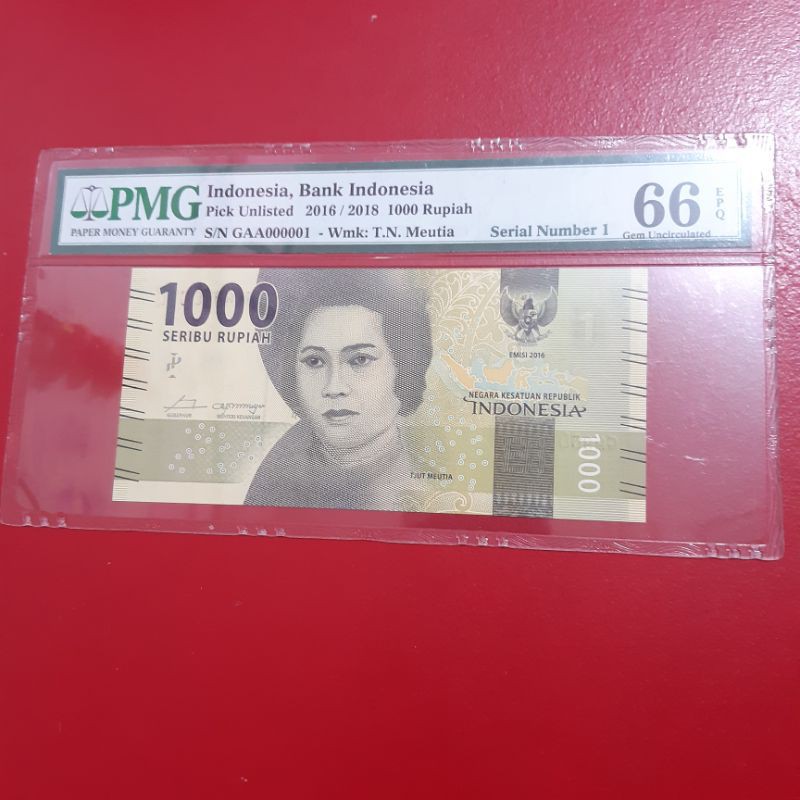 Uang Kertas Kuno 1000 Rupiah Tahun 2016 Nomor Cantik Almost Solid Mulia Low Number PMG 66
