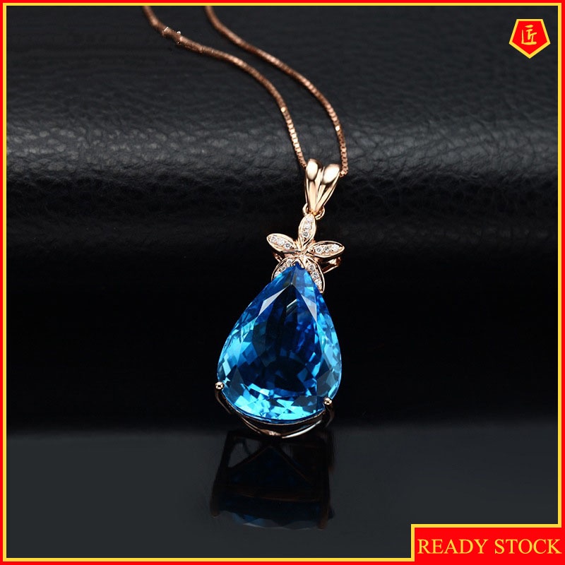 [Ready Stock]Stylish Water Drop Pear-Shaped Blue Gemstone Pendant Necklace