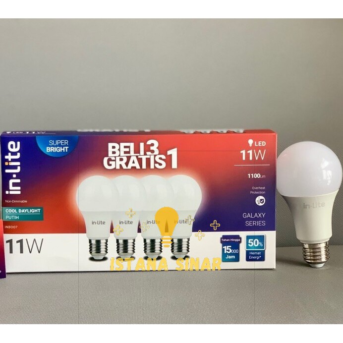 LAMPU LED BULB INLITE IN-LITE 3 GRATIS 1 11W 11 W WATT WT BERGARANSI