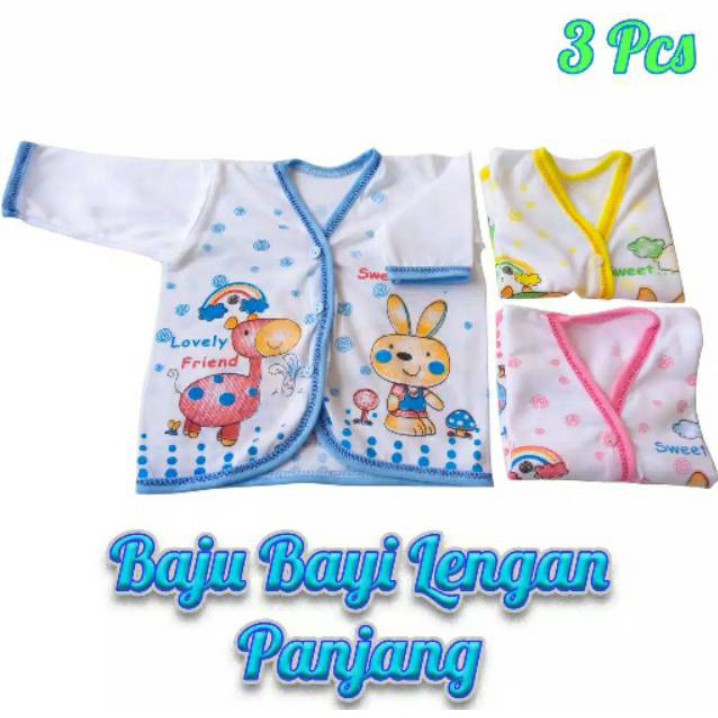 3 pcs Atasan Baju Bayi New Born Lengan Panjang Usia 0 - 3 Bulan